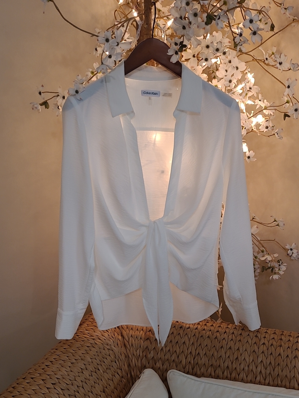 Calvin Klein Off White Tie-Front Long-Sleeve Blouse